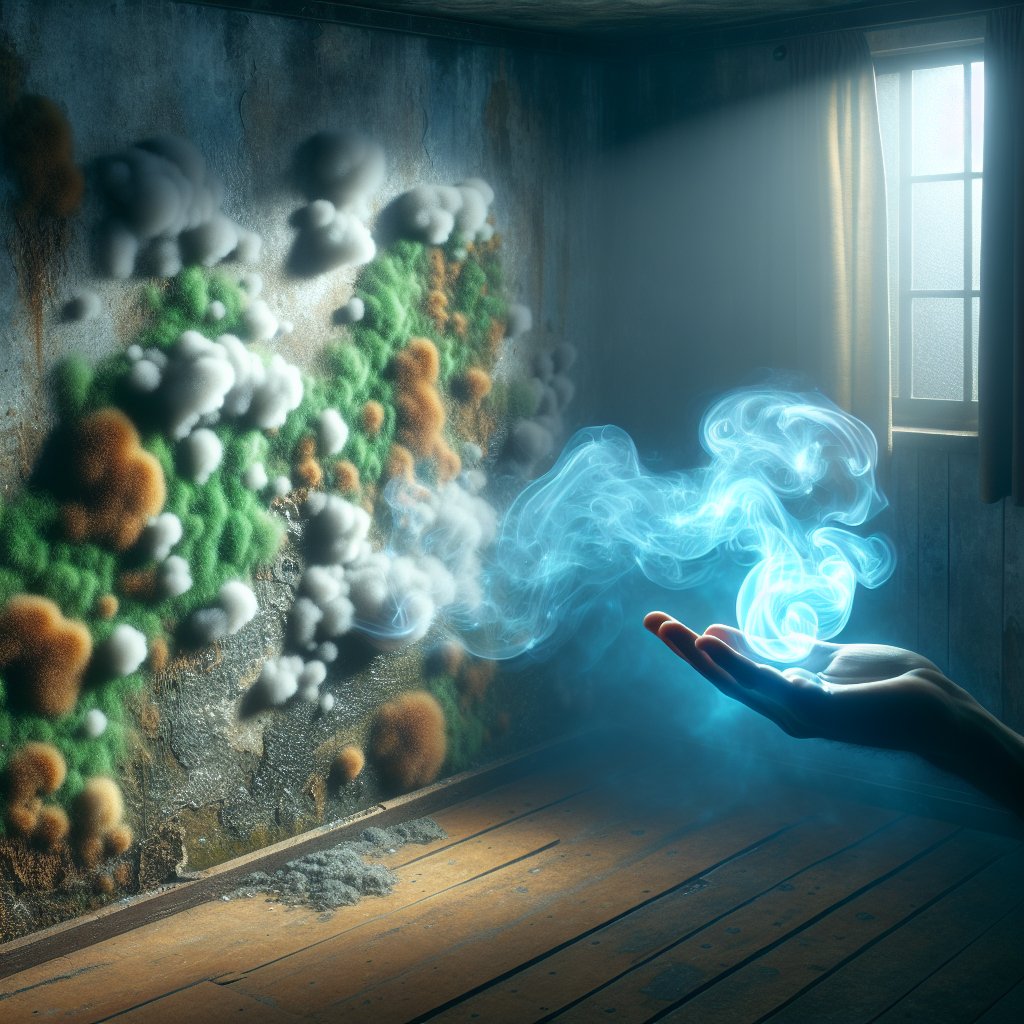 A dark, damp room corner with visible mold growth on the wall, emanating swirling, unpleasant green and brown mist representing a strong musty smell. In the foreground, a gentle, ethereal light blue gas subtly spreads, symbolizing ozone beginning to neutralize the odor. Cinematic, high contrast, realistic, blog article style.