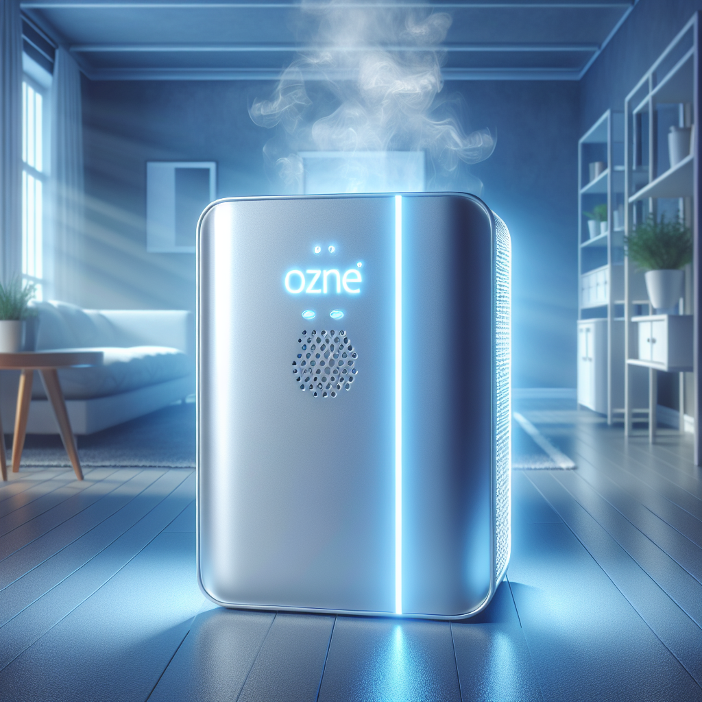 A modern, sleek ozone generator machine, glowing with a soft blue light, positioned in a newly clean and fresh-looking room. The atmosphere is bright and airy, with subtle, almost invisible wisps of a dissipating grey odor in the background, signifying the successful removal of unpleasant smells. Photorealistic, bright, optimistic, blog article style.