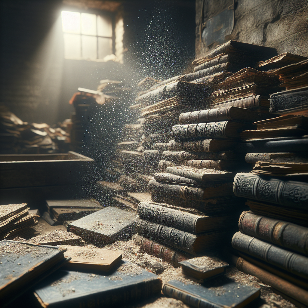 A stack of old, worn books and documents in a dimly lit, slightly damp basement corner. Dust motes float in the air, hinting at neglect and age. The scene evokes a sense of mustiness and forgotten history, with subtle visual cues of moisture on the surrounding surfaces. High detail, atmospheric, dramatic lighting.