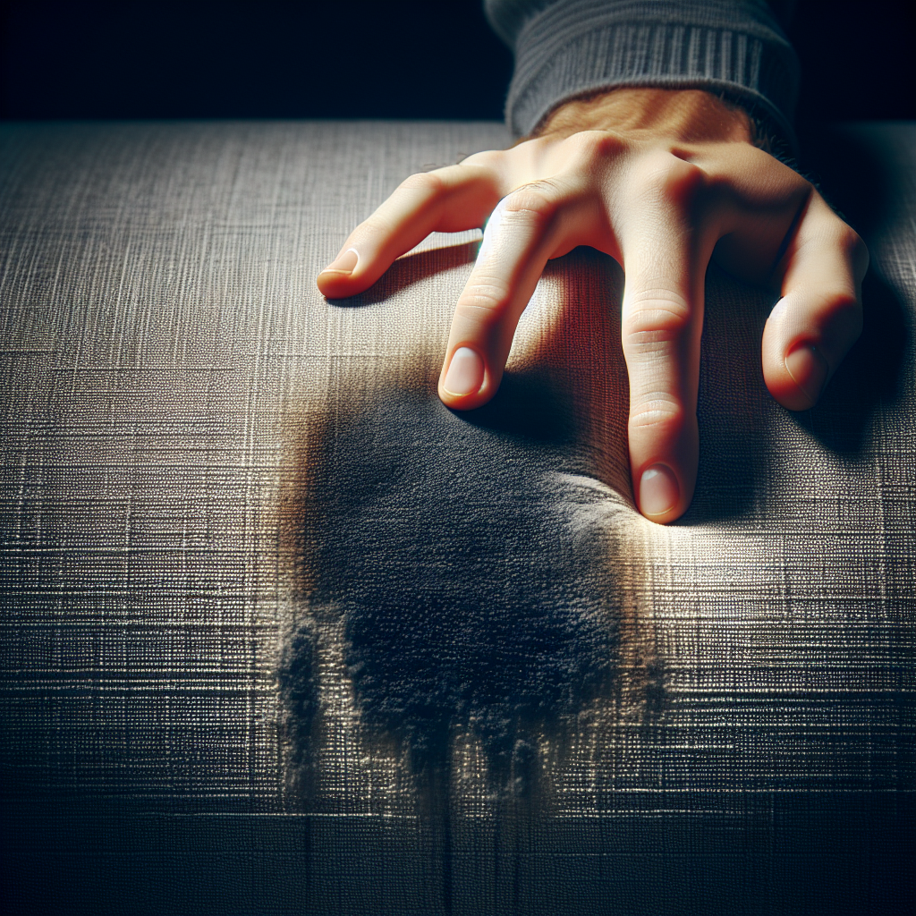 A close-up of a hand cautiously touching a fabric sofa, where a subtle, dark, damp-looking patch hints at moisture and potential mold. The lighting is slightly muted, conveying a sense of discomfort and the discovery of an unpleasant, musty smell. Realistic, indoor scene.