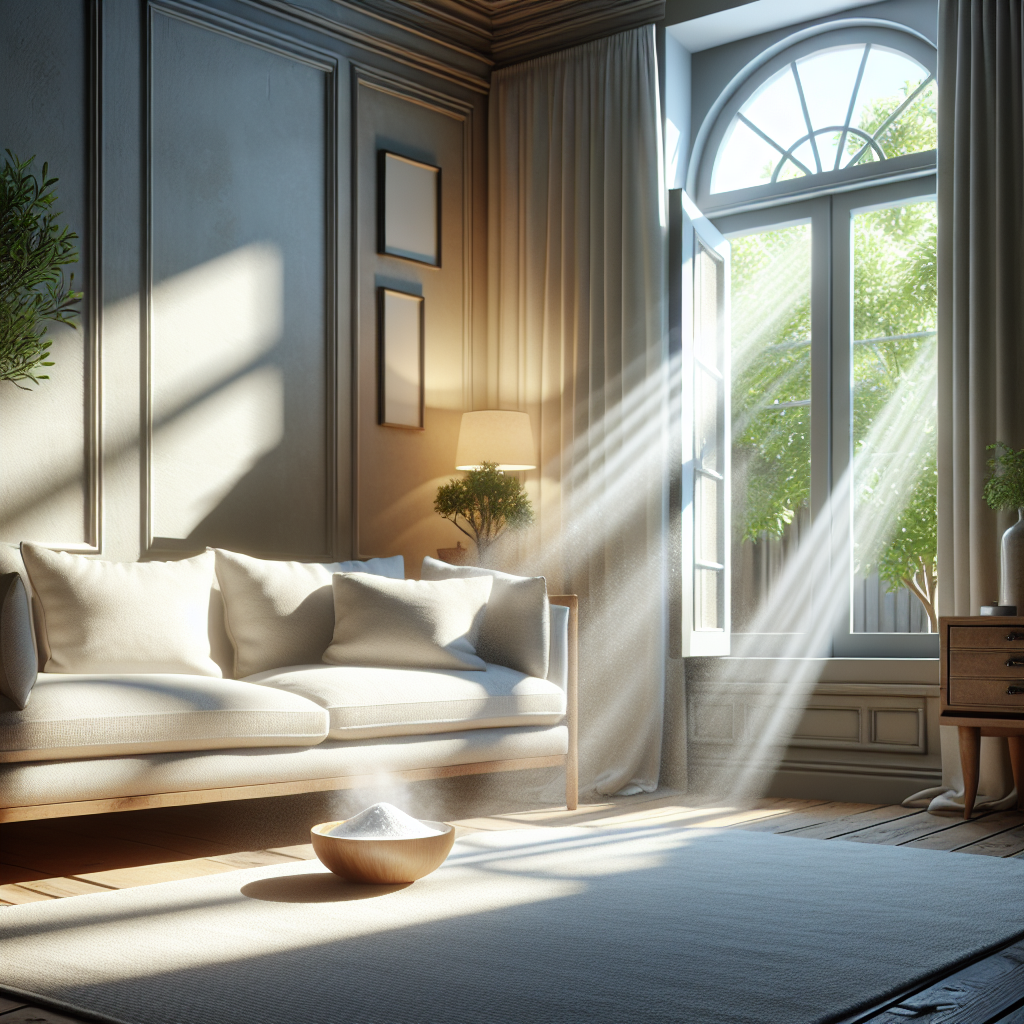 A bright, airy living room with an open window, sunlight streaming in, illuminating a clean, light-colored sofa. A gentle breeze appears to be airing out the room, suggesting freshness and the successful removal or prevention of musty odors. A small, decorative bowl of baking soda (or a similar natural deodorizer) is subtly placed on a nearby table. Realistic, warm lighting.
