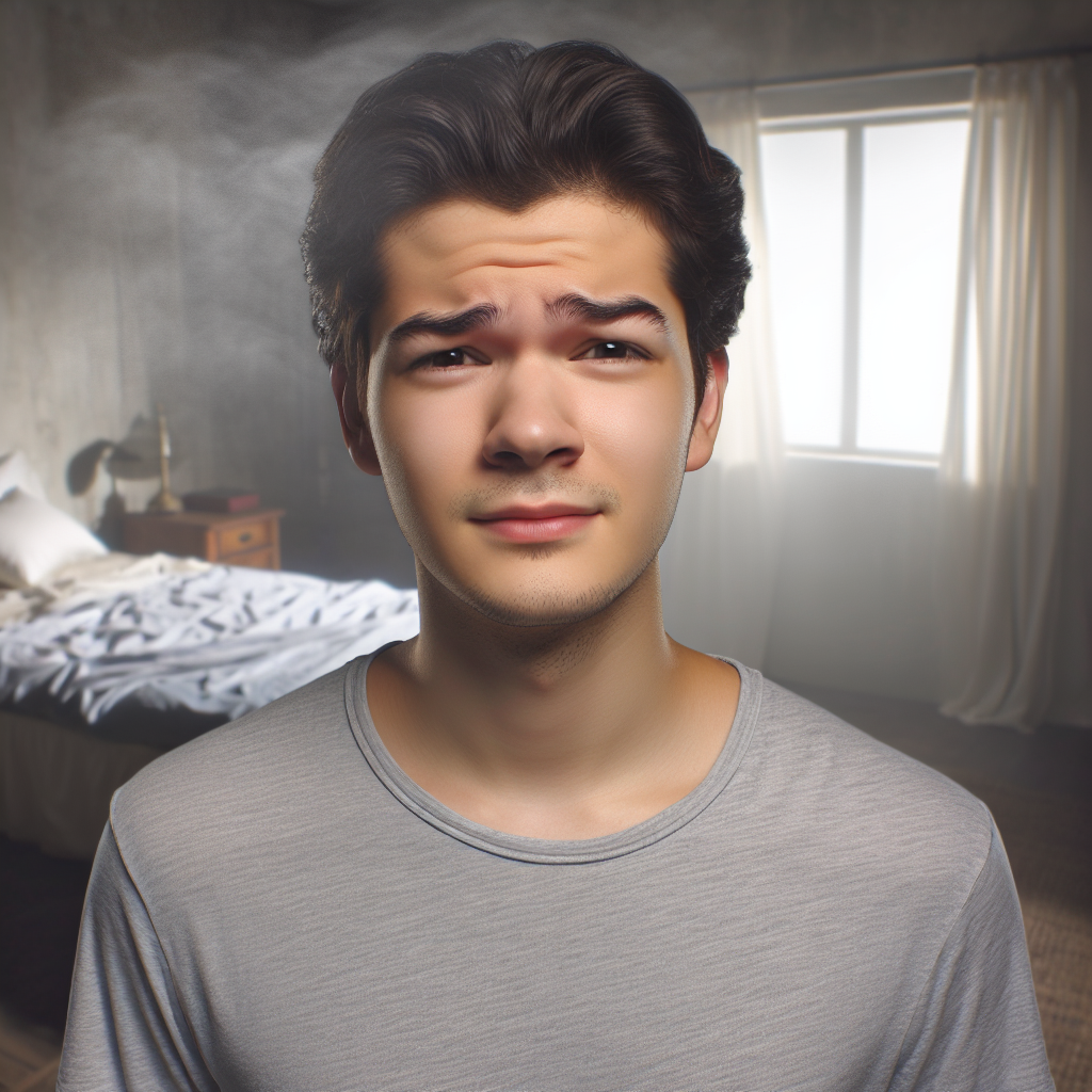 A person, perhaps a young adult, stands in a slightly humid or stuffy bedroom, with a subtle look of discomfort or a slight wrinkle of the nose, reacting to an unpleasant, musty smell that is invisible. The room has hints of a lack of ventilation or slight dampness, with soft, subdued lighting. Realistic photo.