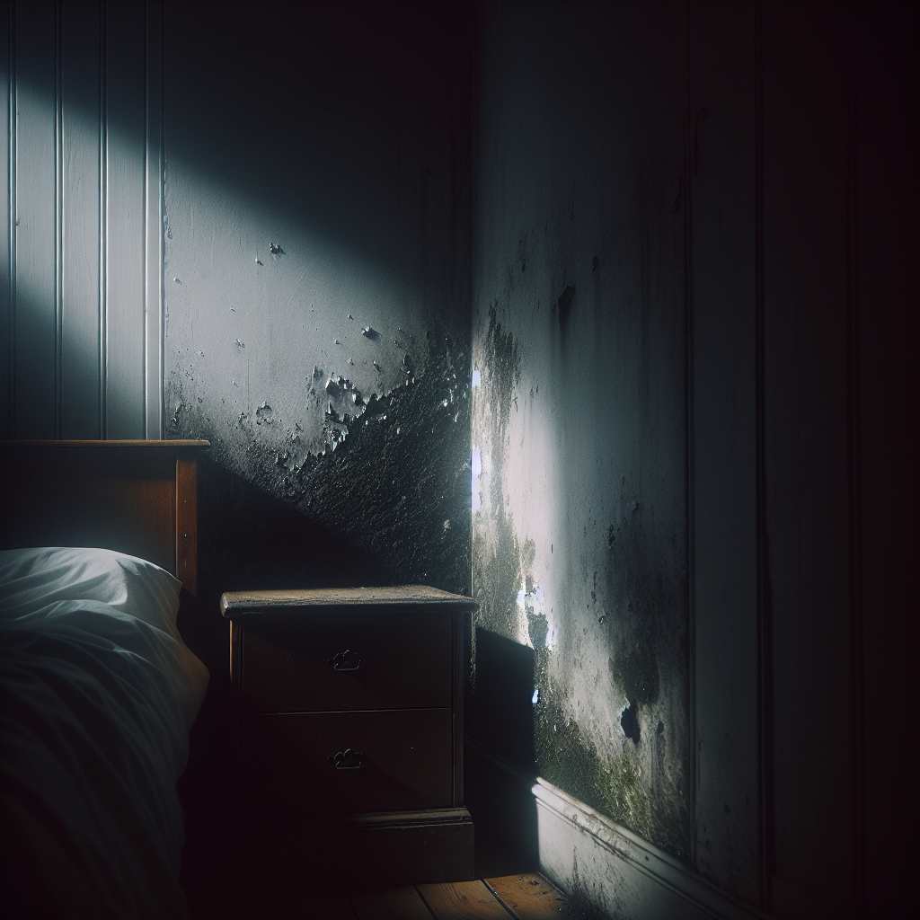 A close-up shot of a dark, damp corner of a bedroom wall, partially obscured by a piece of furniture like a nightstand or the back of a bed, revealing subtle signs of moisture damage, peeling paint, or very early, faint mold growth. A dim, natural light source from a window suggests the lack of ventilation in this hidden spot. Realistic and slightly moody photography.
