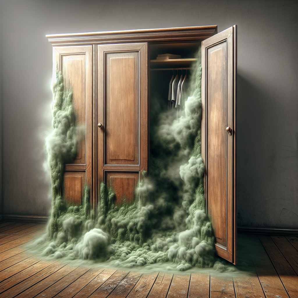 A slightly ajar wooden wardrobe, with a visible, stylized 'mouldy smell' represented as a subtle, unpleasant greenish-grey mist emanating from within. The inside of the wardrobe hints at dampness or poor ventilation. The overall image should evoke a sense of a hidden household problem. Realistic, atmospheric lighting.