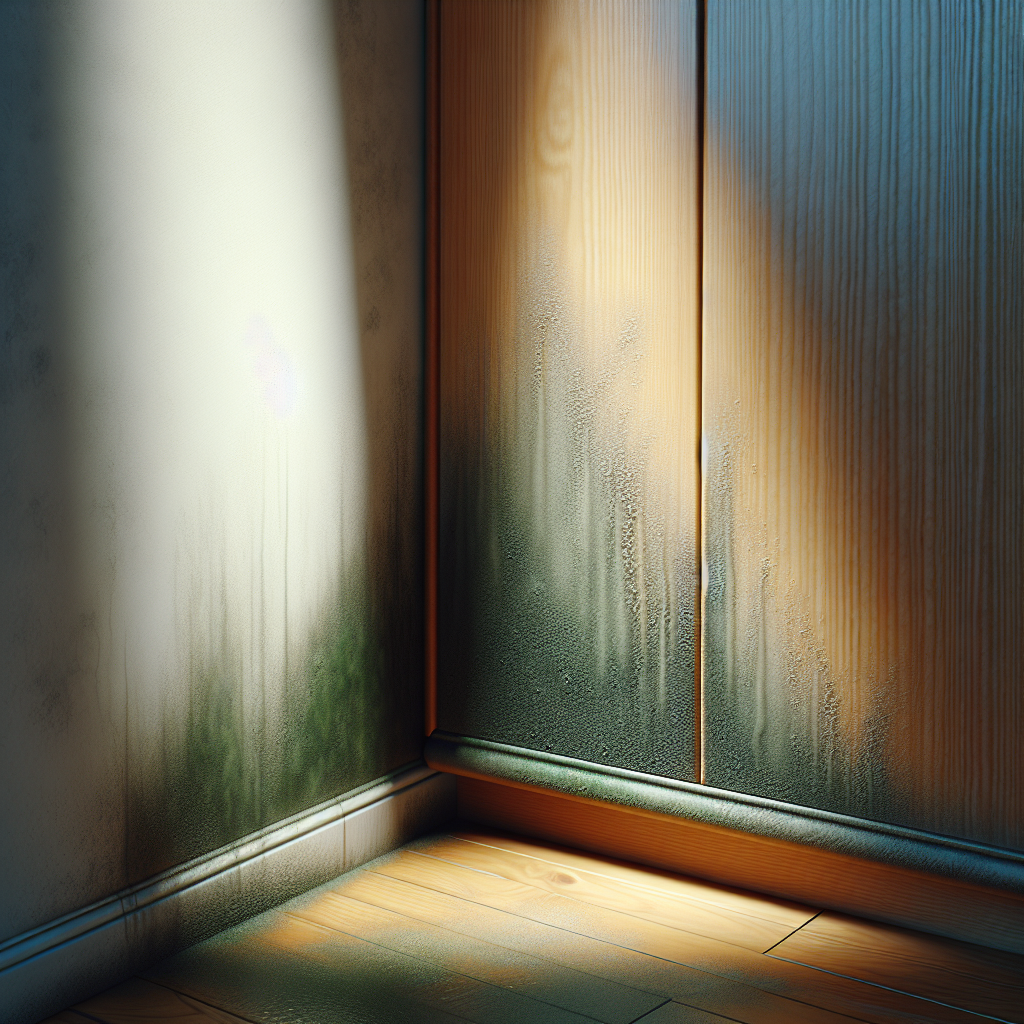Close-up of a dark, interior corner of a wooden wardrobe, showing a subtle patch of condensation or dampness on the wood. A faint, almost imperceptible greenish-grey haze hangs in the air nearby, representing a musty, moldy smell. The lighting is soft and somewhat moody, highlighting the dampness. Realistic style.