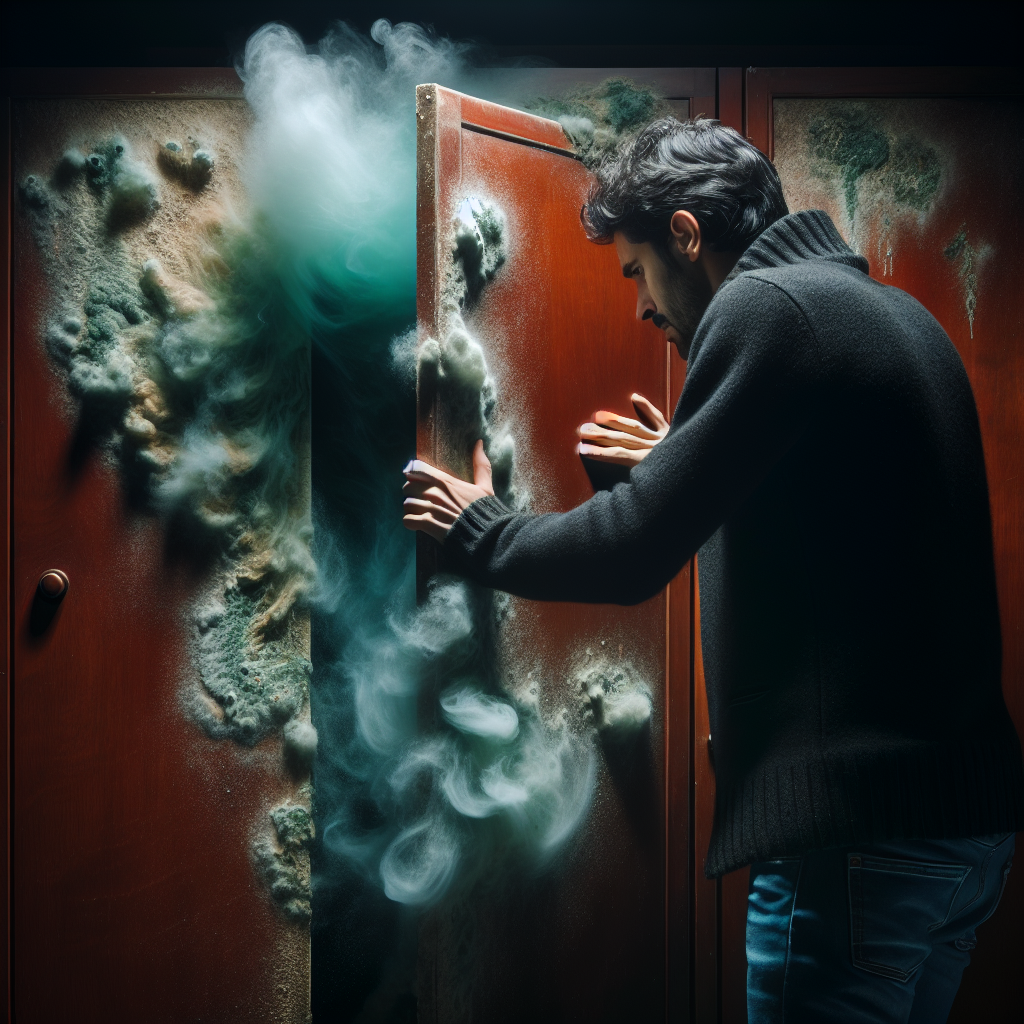 A person, visibly distressed, opens a dark wooden wardrobe door. A distinct, swirling cloud of greenish-gray, musty-smelling vapor is emanating from inside the wardrobe, filling the air. The room is slightly dim, suggesting a damp environment, highlighting the unpleasantness of a moldy smell.