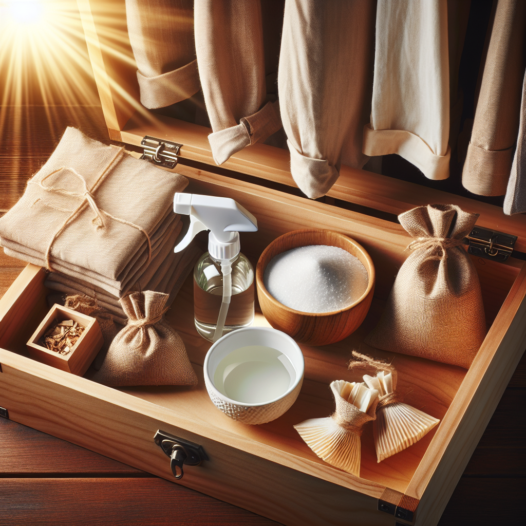 An open, clean wooden wardrobe interior, bathed in bright, fresh sunlight. Inside, several natural odor-removing items are strategically placed: a small bowl of white baking soda, a clear spray bottle filled with a transparent vinegar solution, and a few small bags of cedar chips. The scene evokes a feeling of freshness and successful cleaning.