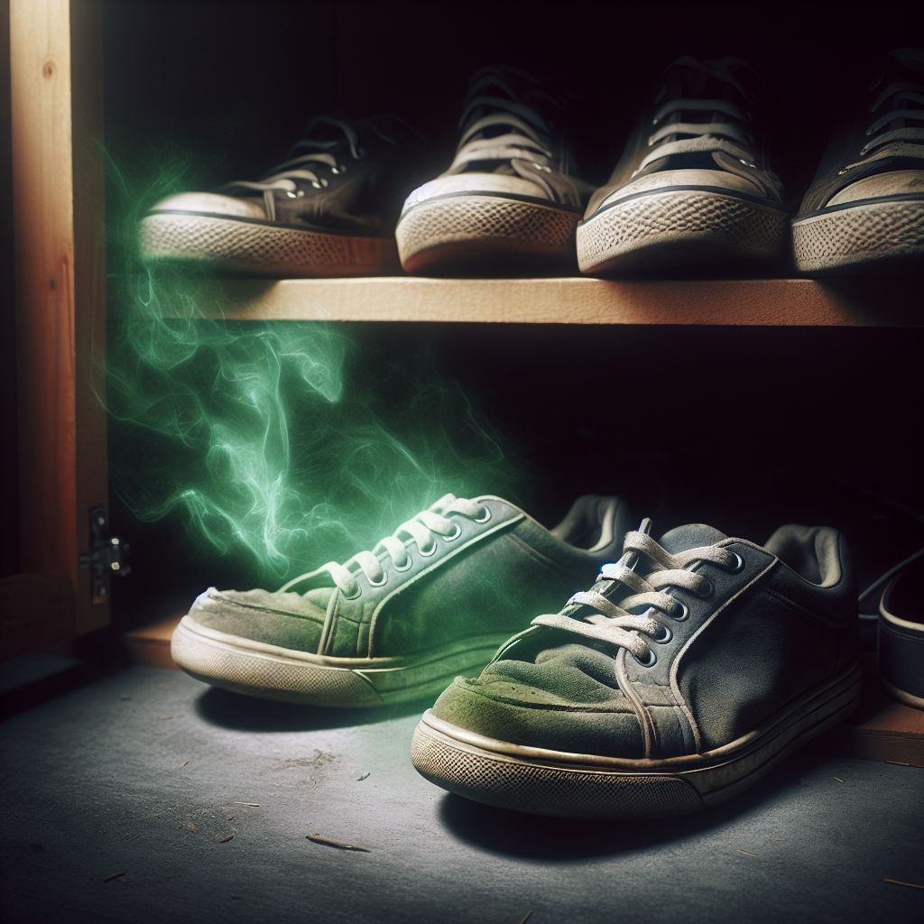 A pair of worn, slightly damp sneakers sitting in a dimly lit shoe cabinet. A subtle, almost visible greenish-grey vapor subtly rises from them, indicating a stale, unpleasant odor. Realistic photo, atmospheric lighting.