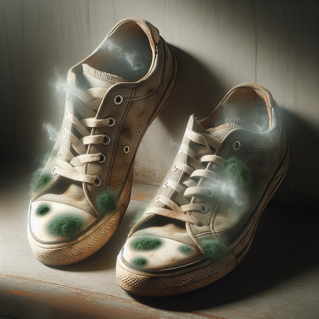 A pair of worn, damp sneakers with subtle greenish-grey mold spots on the inner fabric, placed in a dimly lit, humid corner. A faint, unpleasant, wavy odor cloud emanates abstractly from the shoes, conveying a strong, musty smell. The overall atmosphere is uninviting and slightly dingy. Photorealistic style, natural light.