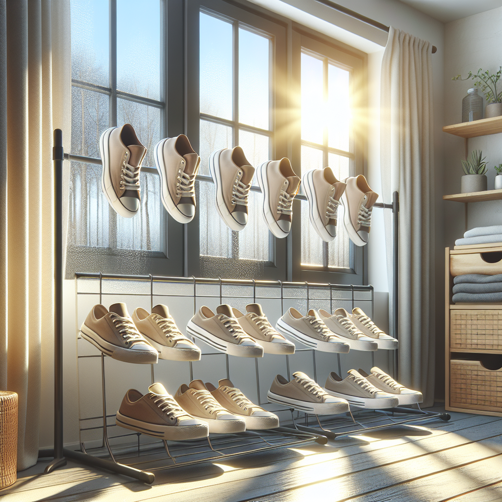 A pair of clean, dry sneakers positioned on a shoe drying rack near an open window, with bright natural light streaming in. A gentle breeze is suggested, and the shoes appear fresh and odor-free. The background is clean and well-ventilated, emphasizing care and prevention. Photorealistic style, bright and airy.