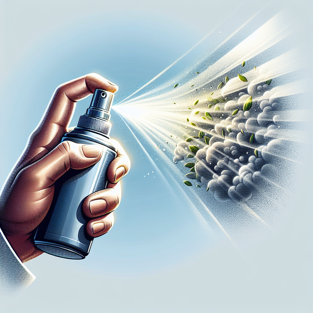 A hand holding a modern spray bottle, releasing a fine, refreshing mist that visually dissolves a subtle, visually represented 'musty' odor, transforming the background into a bright, sparkling clean, and fresh environment. Sunlight streams in, highlighting a sense of renewed air and purity. Optimistic, professional product photography style.