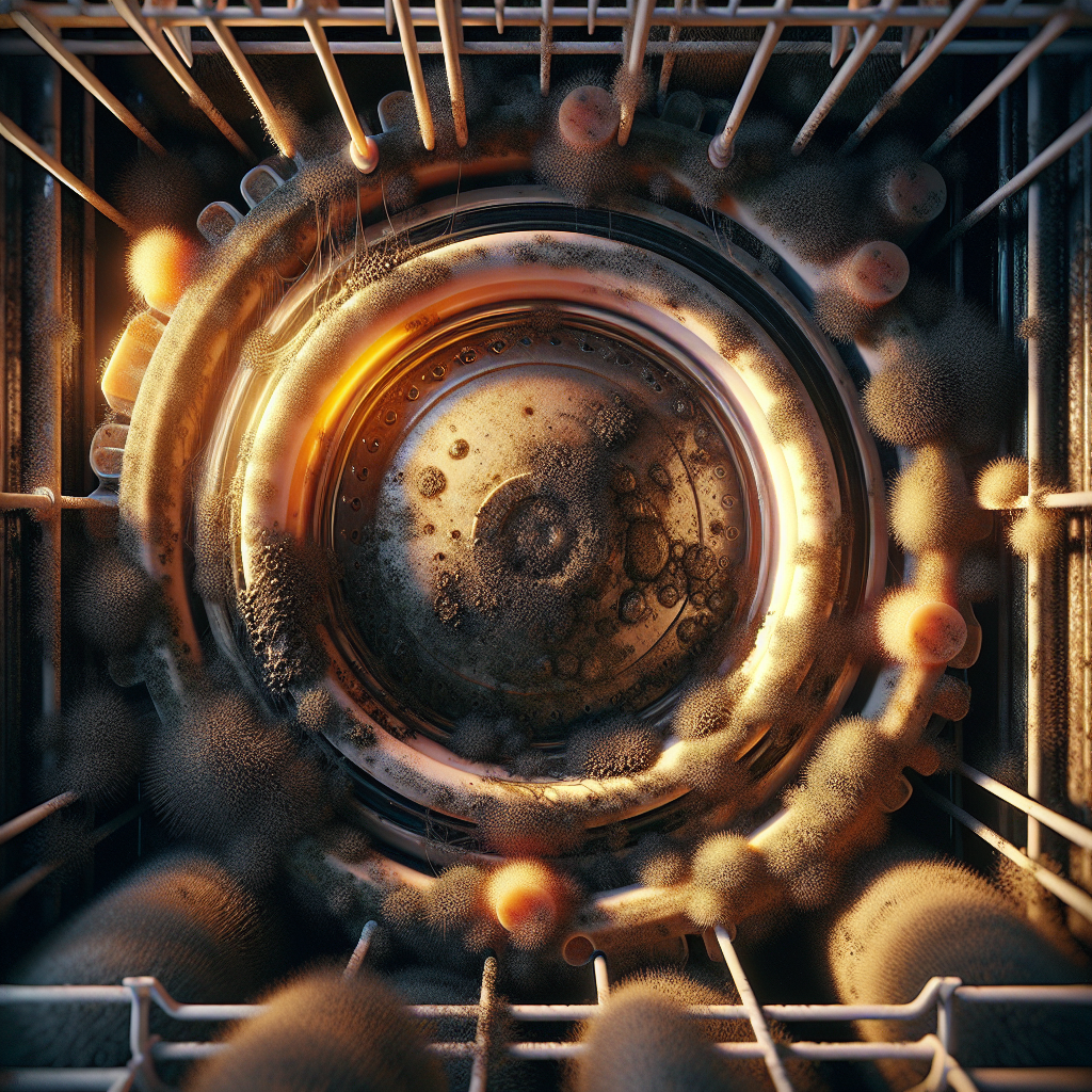 A close-up shot inside a neglected dishwasher, focusing on the rubber door seal with visible dark mold spots and accumulated grime. The scene evokes a sense of mustiness and poor hygiene, with a slightly unpleasant visual texture, warm lighting, hyperrealistic, detailed.