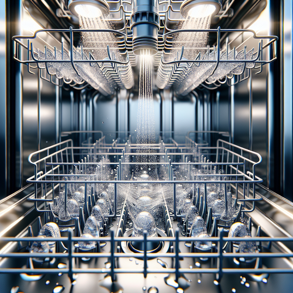 The sparkling clean interior of a modern dishwasher, showing shiny metal racks, perfectly clean spray arms, and a spotless filter. Water droplets glisten on the surfaces, conveying freshness and hygiene. Bright, clean lighting, hyperrealistic, detailed.