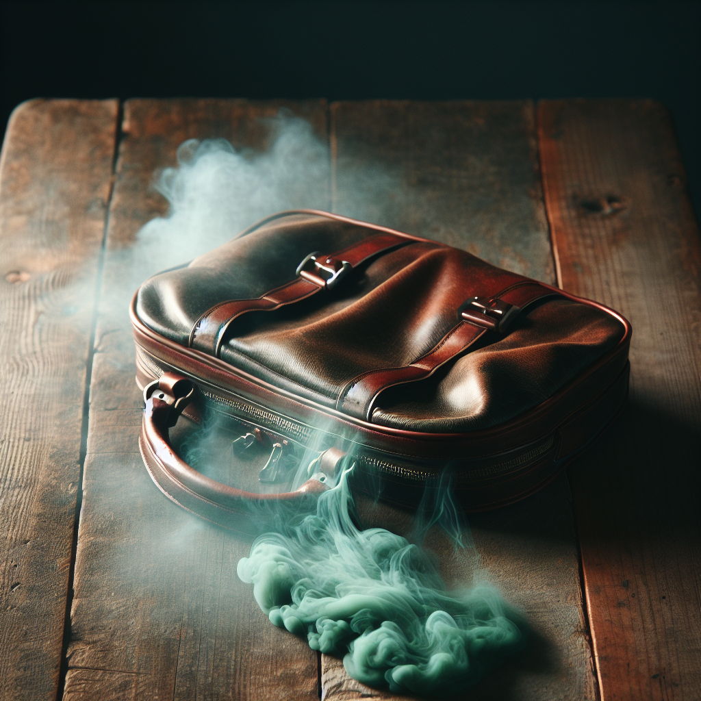 A stylish, slightly worn leather handbag on a wooden table, emitting a subtle, wispy green-grey vapor from its opening, visually representing a strong, unpleasant moldy smell. The lighting is soft and natural, emphasizing the problem. Realistic photography style.