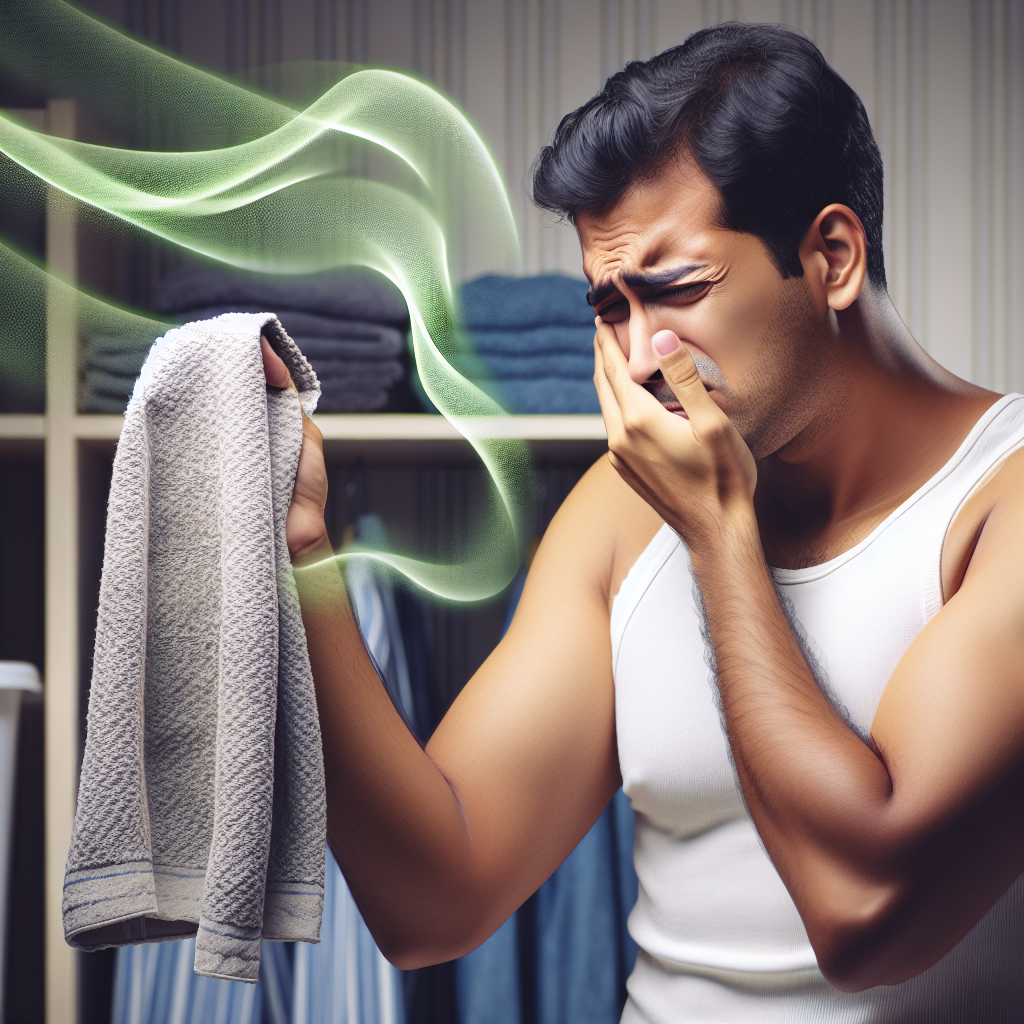 A person recoiling slightly from a piece of damp, musty-smelling fabric held in their hand, perhaps a towel or a shirt. The air around the fabric has subtle wavy lines or a faint greenish tint to visually represent the unpleasant odor. The background is a clean but slightly dim laundry room or closet, hinting at humidity. Realistic style.