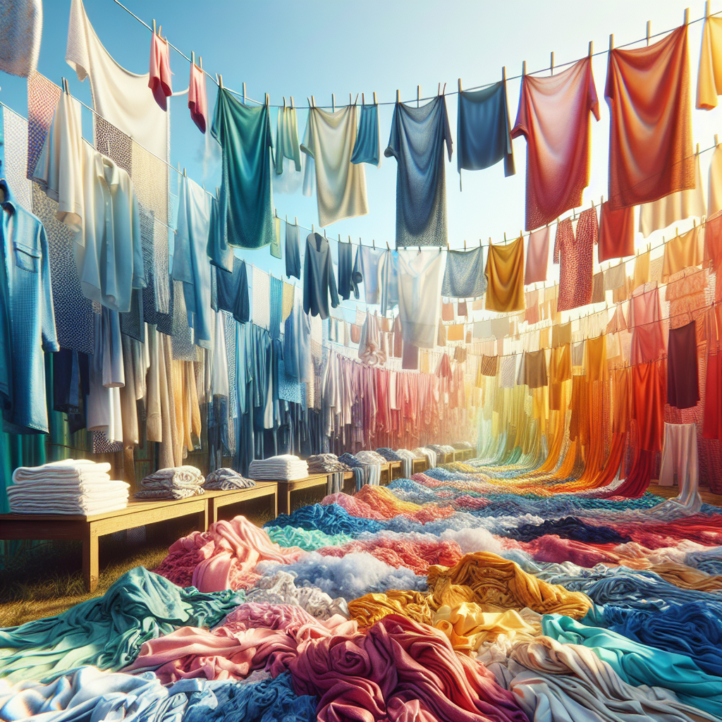 Brightly colored, freshly washed textiles (e.g., shirts, towels) hanging on a clothesline outdoors, swaying gently in a light breeze under a clear, sunny sky. The scene evokes a strong sense of freshness, cleanliness, and natural drying, symbolizing the removal of musty odors. Natural light, vibrant colors.