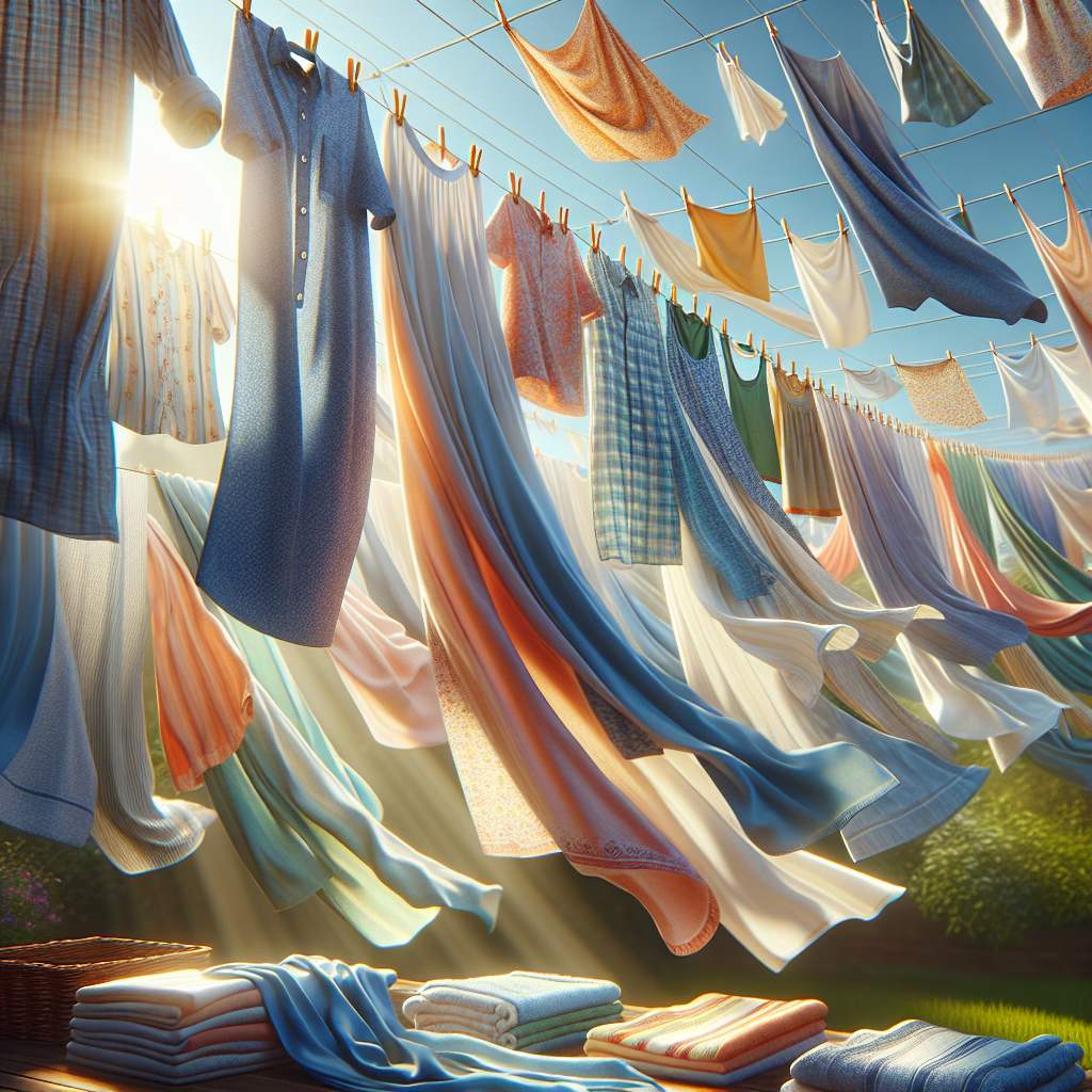 A vibrant image of various textiles, such as shirts, towels, and bedsheets, hanging neatly on a clothesline outdoors. Bright sunshine illuminates the scene, and a gentle breeze makes the fabrics billow slightly, symbolizing freshness and natural drying. The background shows a hint of a green garden or a clear blue sky, emphasizing an open, airy environment. Clean, soft lighting.