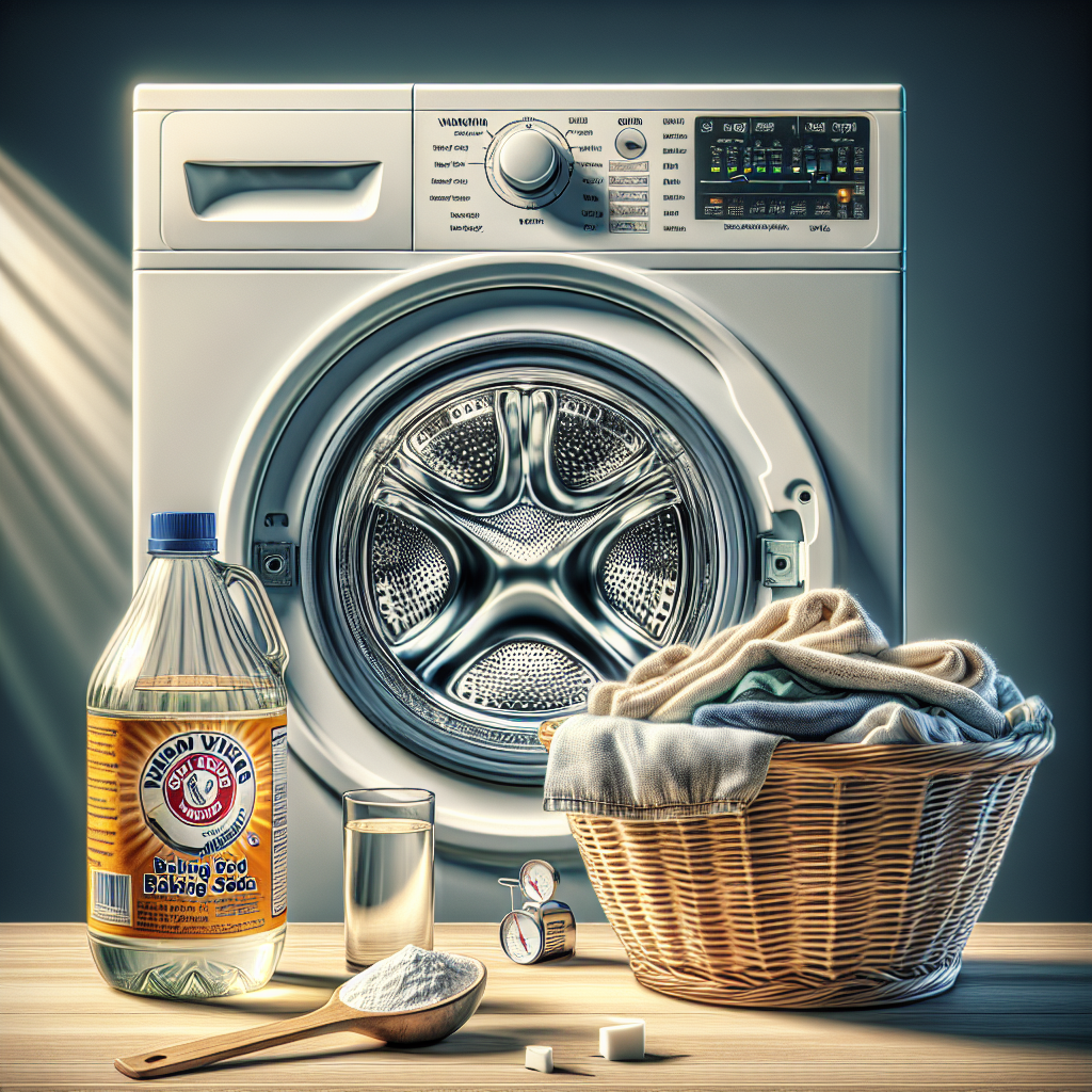 A close-up shot of an open washing machine drum containing a few damp clothes. Next to the washing machine, a bottle of white vinegar and an open box of baking soda are clearly visible on a clean surface, with a measuring spoon near the baking soda. The scene is well-lit, focusing on the common household items used for textile care, with a clean and practical aesthetic.