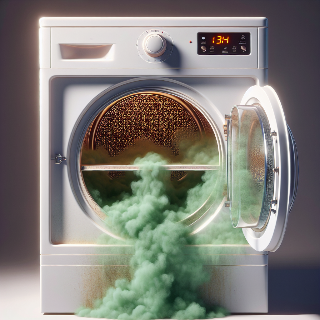 A slightly opened door of a modern laundry dryer, with a subtle, unpleasant greenish-brown vapor or 'smell' visibly wafting out from the interior. Inside, the lint filter is visible and appears slightly neglected with some accumulated lint. The scene evokes a sense of mustiness and hidden moisture. Photorealistic, clean but with a hint of grime.