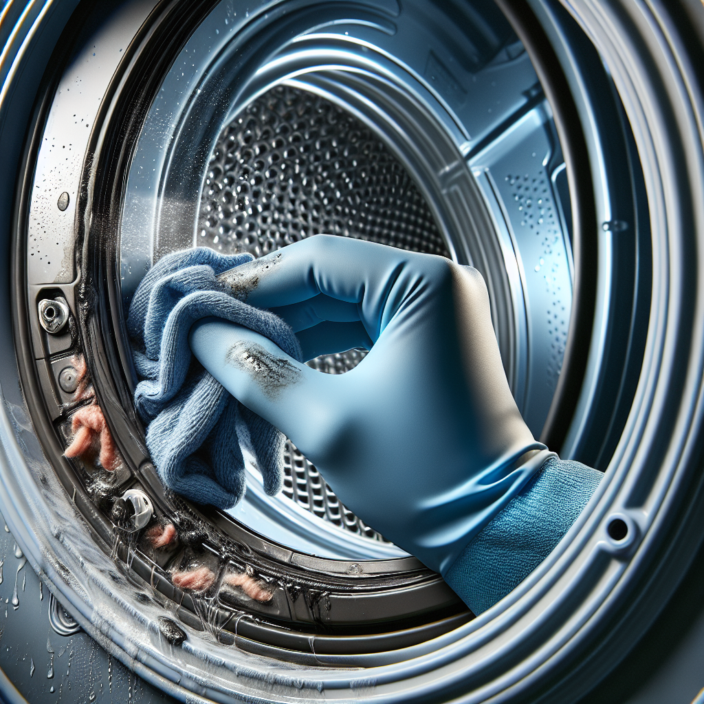 A close-up shot focusing on the rubber seal around the drum opening of a laundry dryer. A hand wearing a blue cleaning glove is carefully wiping the seal, revealing some accumulated grime and moisture. Water droplets or cleaning solution are visible. The background shows the interior of the dryer drum, emphasizing hygiene and maintenance. Photorealistic, detailed.