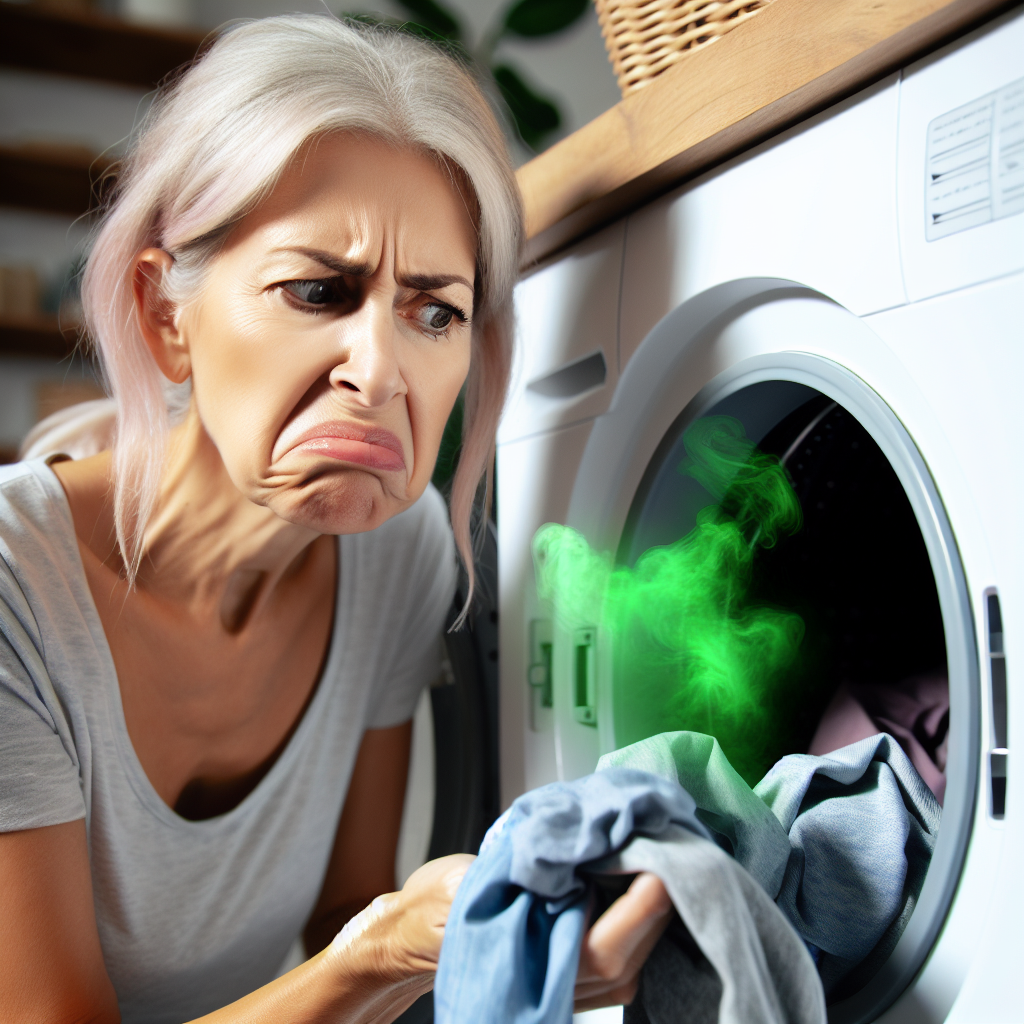 A person looking unpleasantly at a piece of damp laundry pulled from a washing machine, a subtle green-tinged waft of bad smell symbolically rising from the clothes. The washing machine drum is full of other wet clothes. Realistic photograph, domestic setting, soft natural light.
