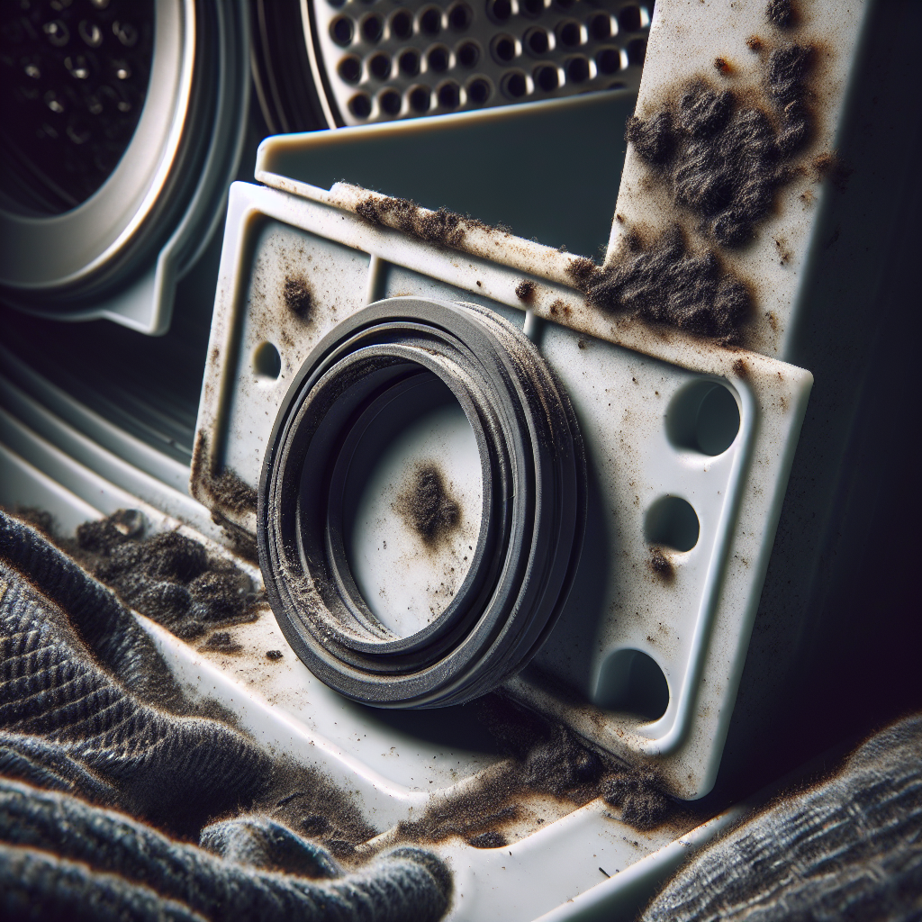 A close-up, high-detail photograph of the rubber gasket seal inside a washing machine, covered in visible dark mold and grime. The detergent dispenser drawer, also showing residue, is slightly ajar in the background. Emphasize the unsanitary conditions that lead to bad smells. Realistic, slightly dark and moody lighting.