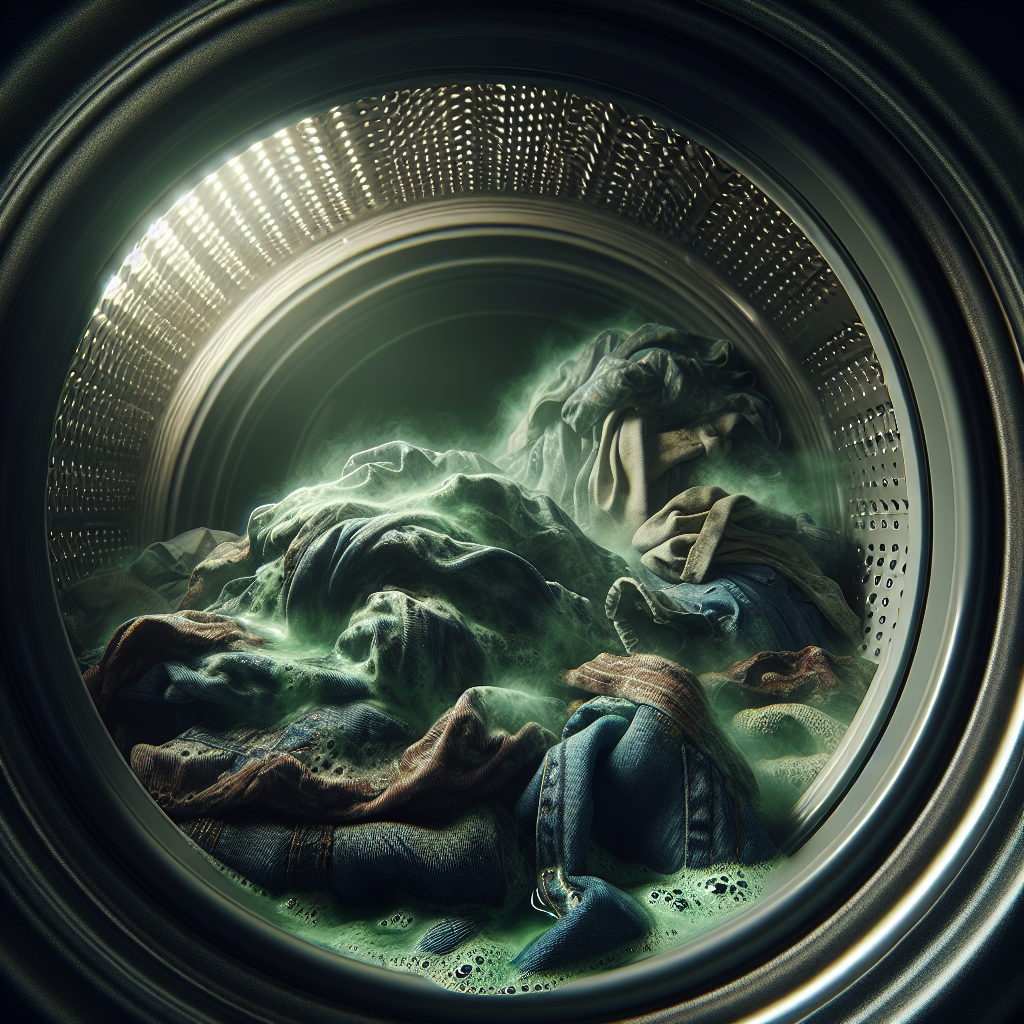 A close-up shot inside a dark washing machine drum, showing a forgotten pile of damp, slightly moldy laundry with a subtle, unpleasant green mist symbolizing the bad smell. The scene is dimly lit, emphasizing the problem of forgotten wet clothes. Realistic photo style.
