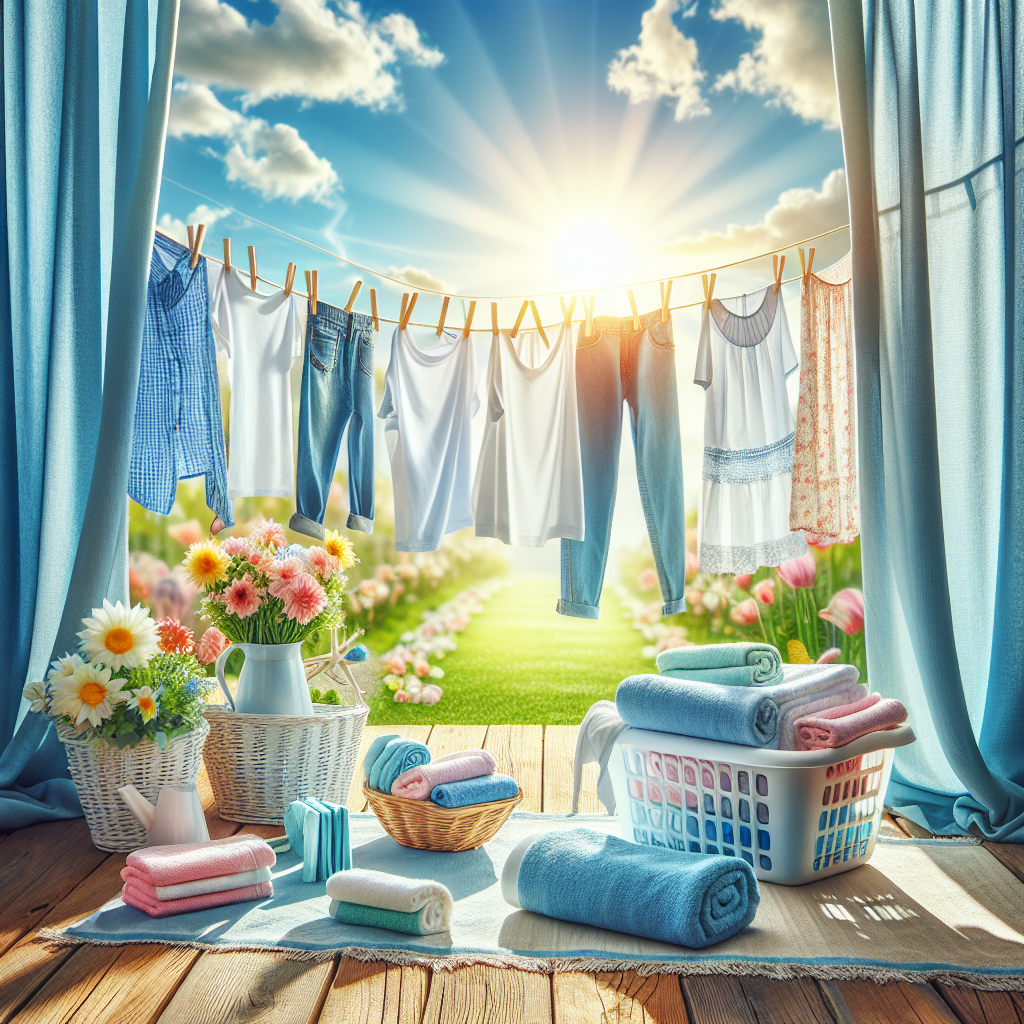 A vibrant, sunlit scene of freshly laundered white towels and colorful clothes neatly hanging on an outdoor clothesline, gently swaying in a light breeze against a clear blue sky. The image evokes a strong sense of freshness, cleanliness, and the absence of odors. Bright and airy photography.