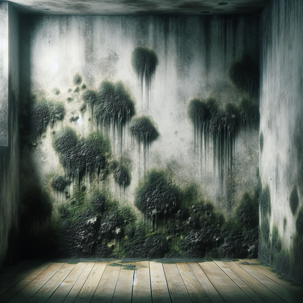 Photorealistic image of a damp, textured wall in a dimly lit room, with visible patches of black and green mold creeping from a corner. A subtle, unpleasant grey-green mist or 'smell' aura emanates from the affected area, conveying a sense of dampness and an unhealthy atmosphere. The overall mood is unsettling and urgent.