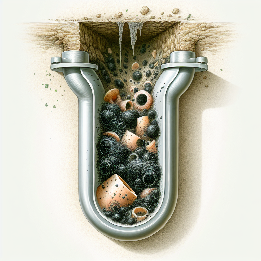 Eine detaillierte, realistische Querschnittszeichnung oder Illustration des Siphons (U-Bogen) unter einem Waschbecken. Der Siphon ist teilweise mit einer Mischung aus dunklen Haaren, Seifenresten und organischem Schmutz verstopft. Kleine, dunkle oder grünlich-schwarze Schimmelspuren sind deutlich auf den Ablagerungen und an den Innenwänden des Rohrs zu sehen. Der Hintergrund zeigt schemenhaft die Unterseite eines Waschbeckens. Der Stil ist informativ und klar, wie für eine technische Anleitung.