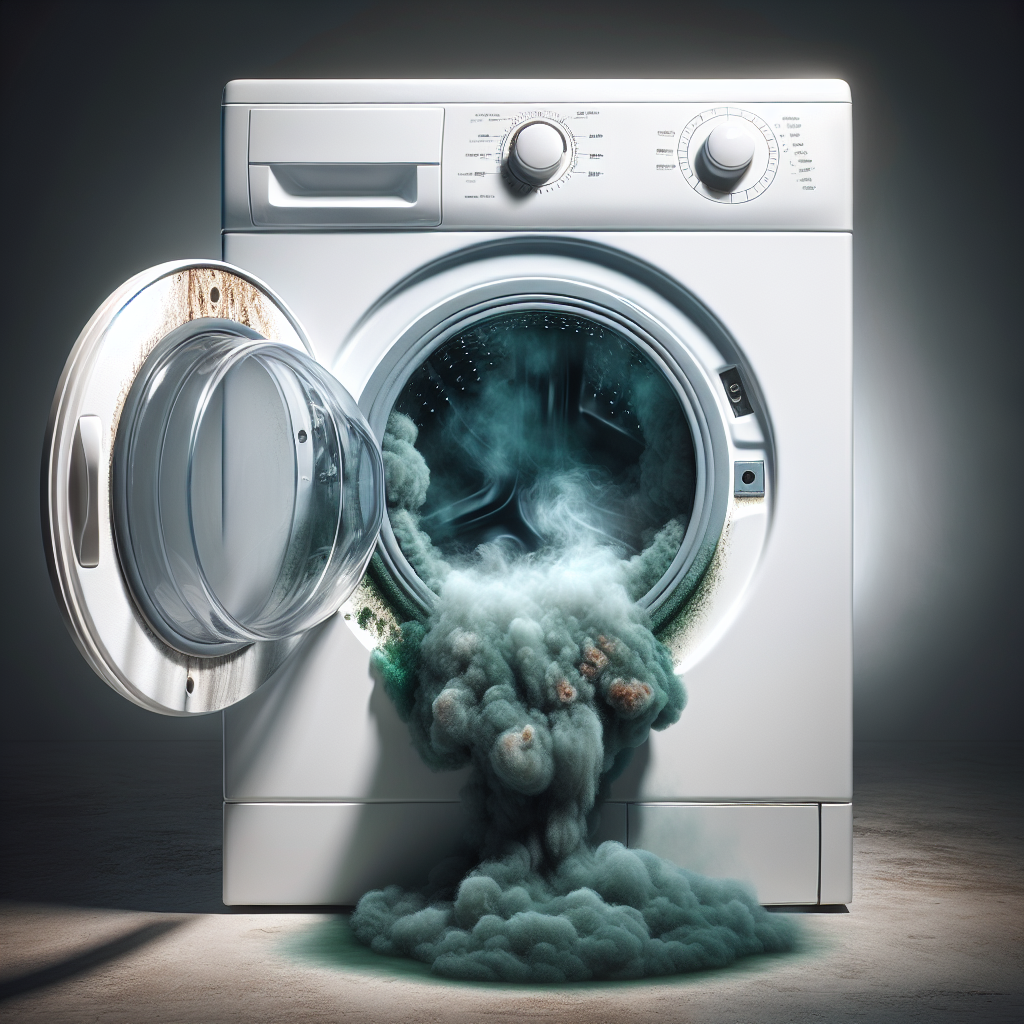 A washing machine with its door slightly ajar, emitting a visible, swirling cloud of unpleasant, greenish-brown vapor representing a strong moldy odor. Dark, visible mold spots and grime are noticeable on the rubber seal and inside the drum, emphasizing an unhygienic condition. The scene conveys the problem of a bad smell emanating from an uncleaned appliance. Realistic, slightly dramatized to visually represent the smell.