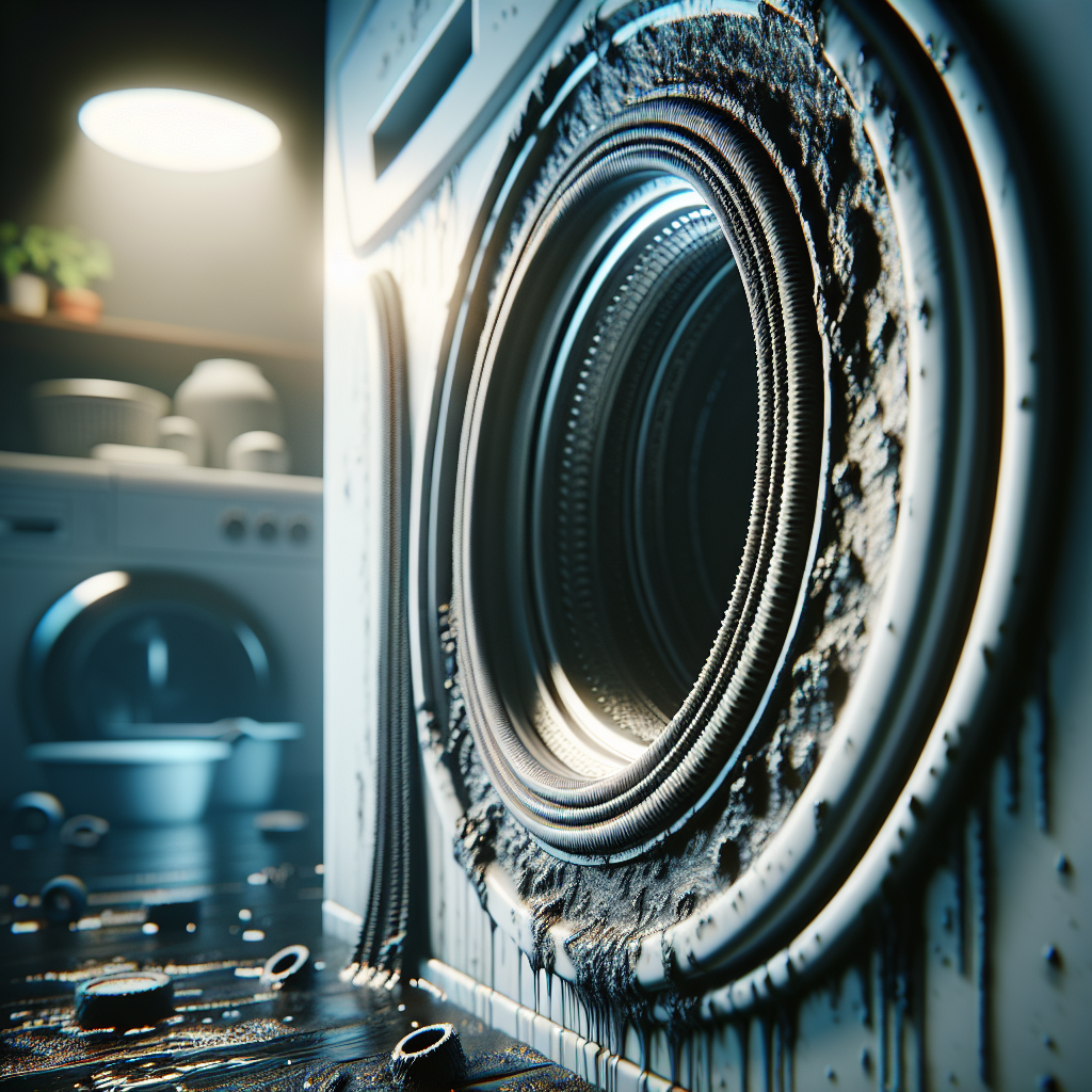 A detailed close-up photograph of the inside of a washing machine's rubber door seal, revealing visible dark grime, mildew, and water residue. The overall lighting is slightly dim, conveying a sense of dampness and an unpleasant musty odor. A modern laundry room in the background, out of focus. High resolution, realistic style.