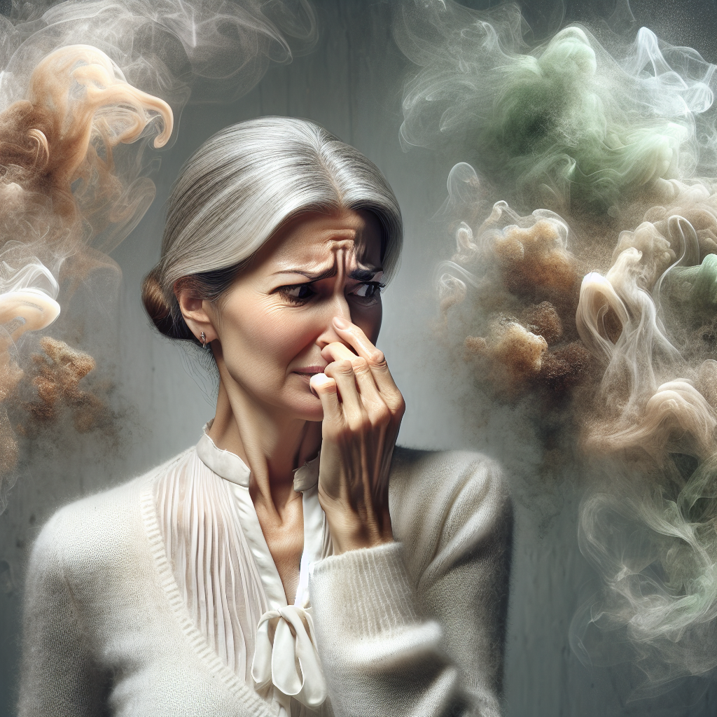 A photorealistic image capturing the unsettling sensation of a strong, musty smell. A person, mid-shot, subtly recoils or displays a slight distasteful expression, perhaps pinching their nose or turning their head slightly. Around them, ethereal, translucent wisps of muted green, brown, and grey vapor subtly emanate from an ambiguous, slightly shadowed background, hinting at an unseen source of mold. The overall mood is slightly uncomfortable and damp, with soft, natural light.