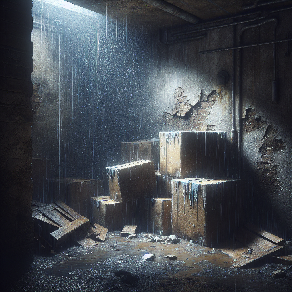 A vivid, detailed photograph of a neglected, damp corner of an old basement or cellar. Visible cues include a stack of slightly deteriorated, damp-looking cardboard boxes, faint water stains, and subtle, dark patches on a concrete wall. A single, soft beam of light pierces the dimness, highlighting dust motes in the heavy air, evoking a persistent, earthy, moldy odor. The atmosphere is cool, quiet, and slightly foreboding, emphasizing textures and dampness.