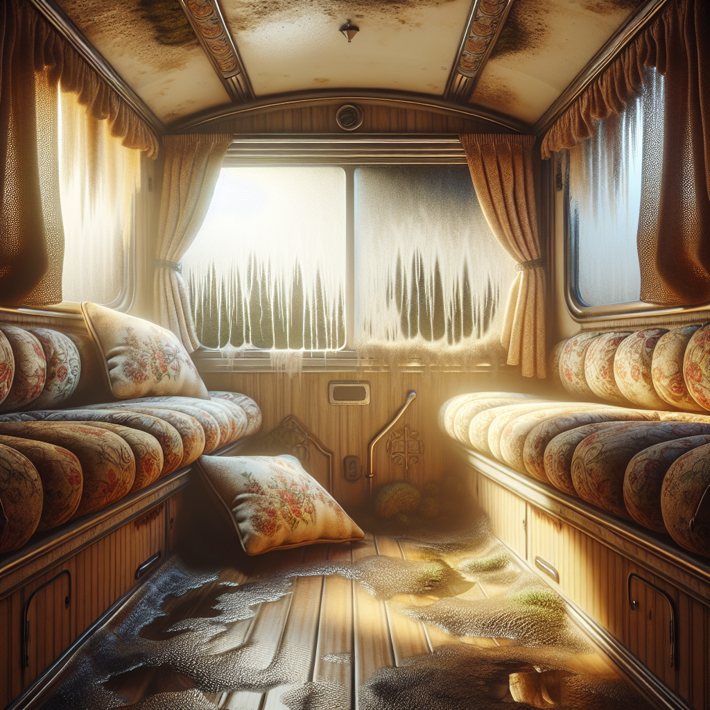 A cozy, vintage RV interior showing subtle signs of dampness and potential mold. A window has condensation, and there's a slight discoloration on a cushion or wall in a shaded corner, hinting at a musty, unpleasant smell. The scene evokes the feeling of a long-closed space where moisture has built up, with soft, natural light filtering in.