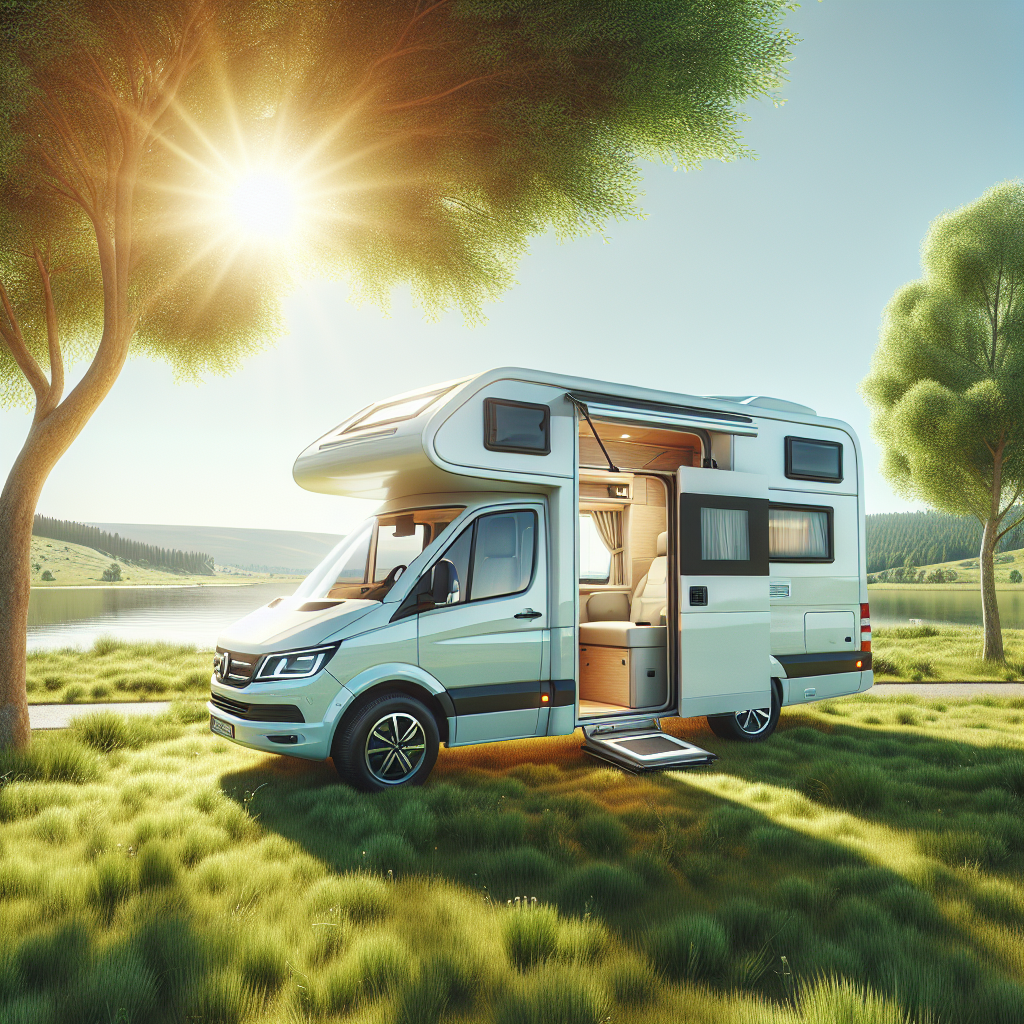 A bright, cheerful scene of a modern camper van (Wohnmobil) parked in a sunny outdoor setting, perhaps by a lake or in nature. All its windows, the side door, and a roof hatch are wide open, emphasizing thorough ventilation and fresh air circulation. The scene conveys a sense of cleanliness, airiness, and prevention against musty odors.