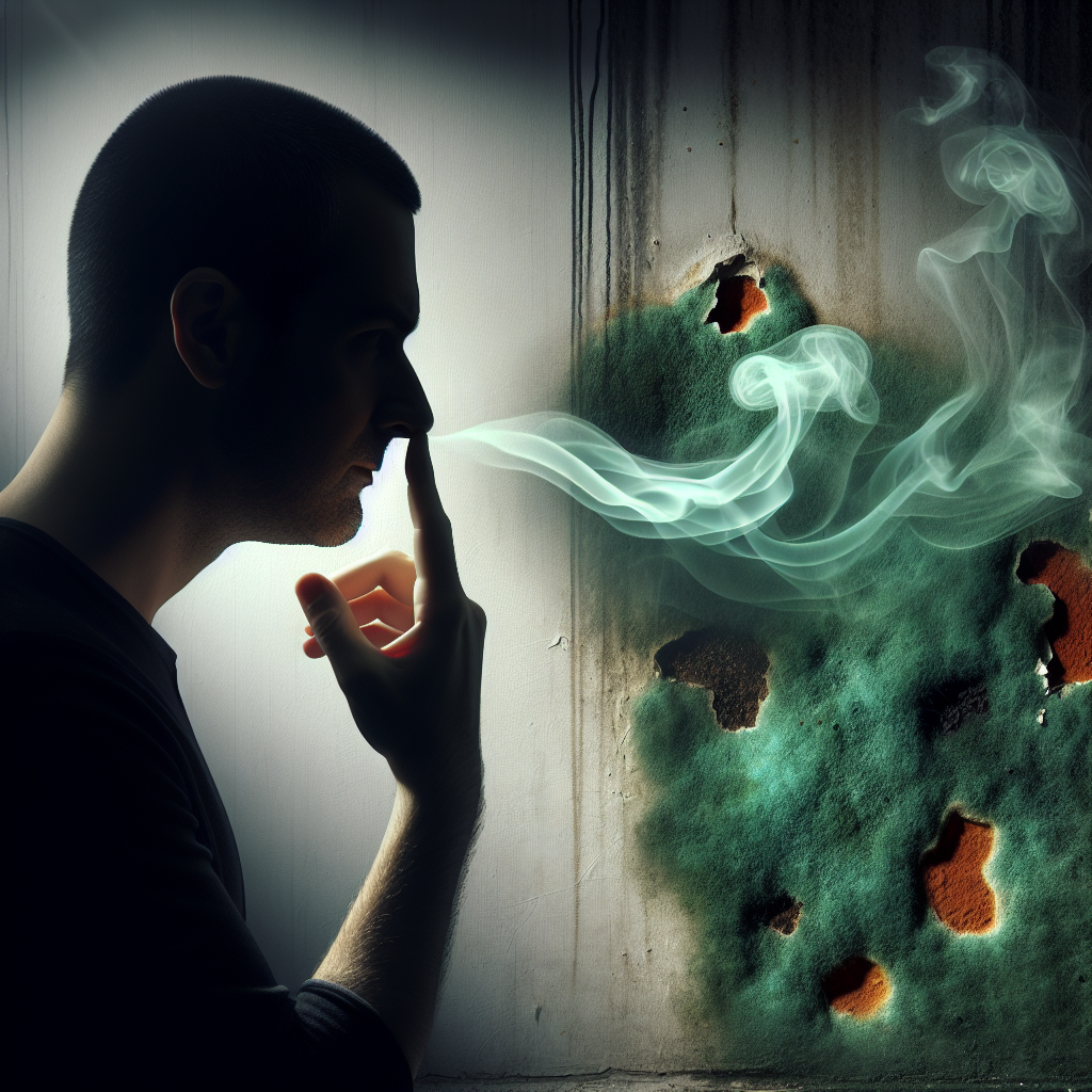 A person's silhouette subtly pinching their nose, reacting to a strong, invisible musty and earthy odor in a dimly lit, slightly aged apartment corner. Swirling, translucent green-grey mist or abstract odor lines emanate from an unseen source, filling the air, visually representing the unpleasant 'Schimmelgeruch' (mold smell). The background hints at a damp wall or concealed area, without showing explicit mold. Realistic photo, atmospheric, conveying discomfort.