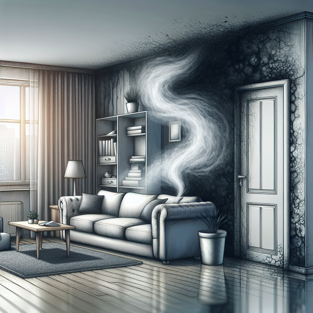 An apartment living room with a visible, thick, musty odor subtly swirling from a shadowy corner or behind furniture. The air looks heavy and unpleasant, hinting at an unseen mold problem. Realistic style, conveying a damp and stale atmosphere.