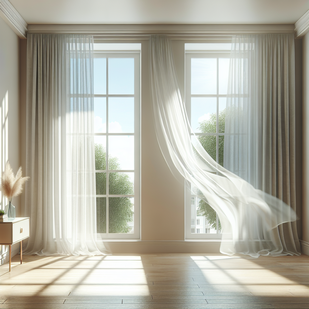 A bright and airy apartment room with wide-open windows, allowing fresh air and sunlight to stream in. Curtains billow gently, and the room feels clean and refreshed. A subtle sense of renewed comfort and cleanliness, representing the successful removal of a mold smell. Realistic style, positive and clean aesthetic.