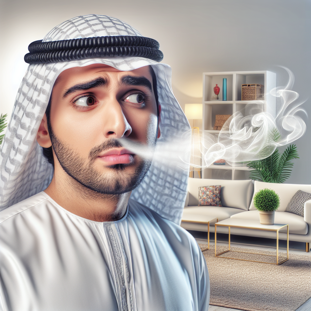 A person, slightly puzzled, gently sniffs the air in a bright, clean, modern living room. The room itself appears spotless and well-maintained. A very subtle, almost transparent, ethereal wisp of musty, earthy scent visually emanates from an unseen source within the wall or floor, just barely noticeable, emphasizing the 'smell but no visible mold' phenomenon. Realistic photo.