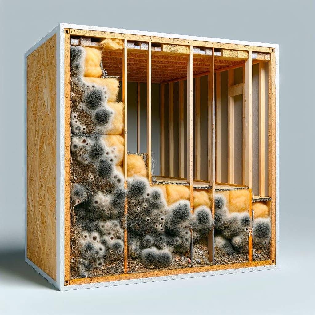 A detailed cross-section view of a typical interior house wall. On the visible side, the wall is perfectly painted and clean. The cutaway reveals the interior structure: drywall, insulation, and wooden studs. Hidden within this cavity, subtle patches of dark, fuzzy mold are growing, indicating a hidden moisture problem. A faint trickle of water or dampness is visible near the mold. High contrast, realistic style.