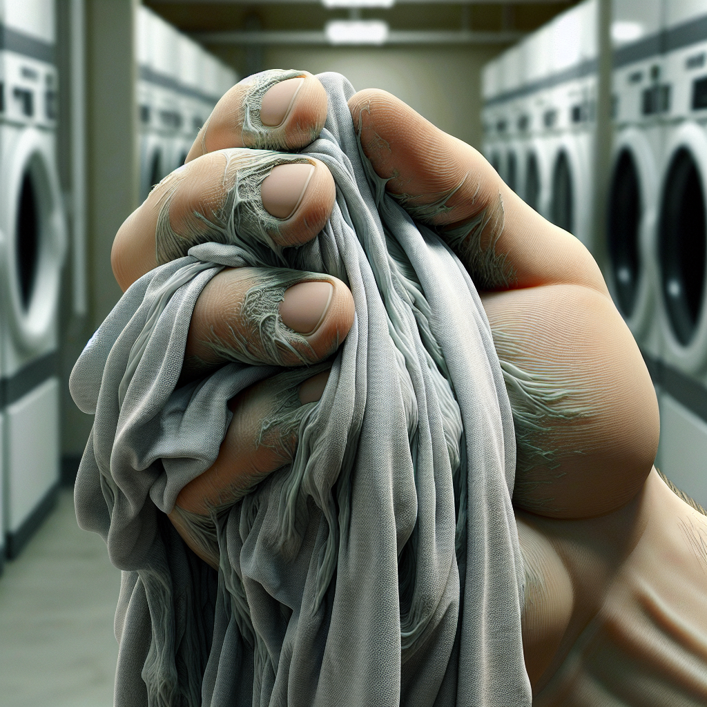 A close-up of a person's hand holding up a crumpled, slightly damp t-shirt or towel, with subtle green-grey wisps of musty odor visibly emanating from the fabric. The background is a blurred, dimly lit laundry room, emphasizing the unpleasantness of the smell. Realistic, high detail, slightly unsettling mood.