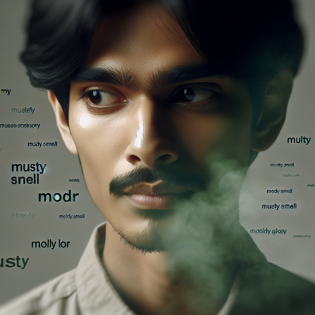 A close-up of a person (gender-neutral or a woman), their expression a mix of slight discomfort and thoughtful concentration, as if trying to describe an unpleasant scent. Around them, the air visually appears heavy and slightly green-grey, subtly hinting at a 'musty' or 'moldy' smell without being explicit mold. Prominently but artfully integrated into the scene are the English words: 'MUSTY SMELL' and 'MOLDY ODOR', as if floating or subtly emerging from the background, emphasizing the translation aspect. Realistic photography style, soft, diffused lighting.