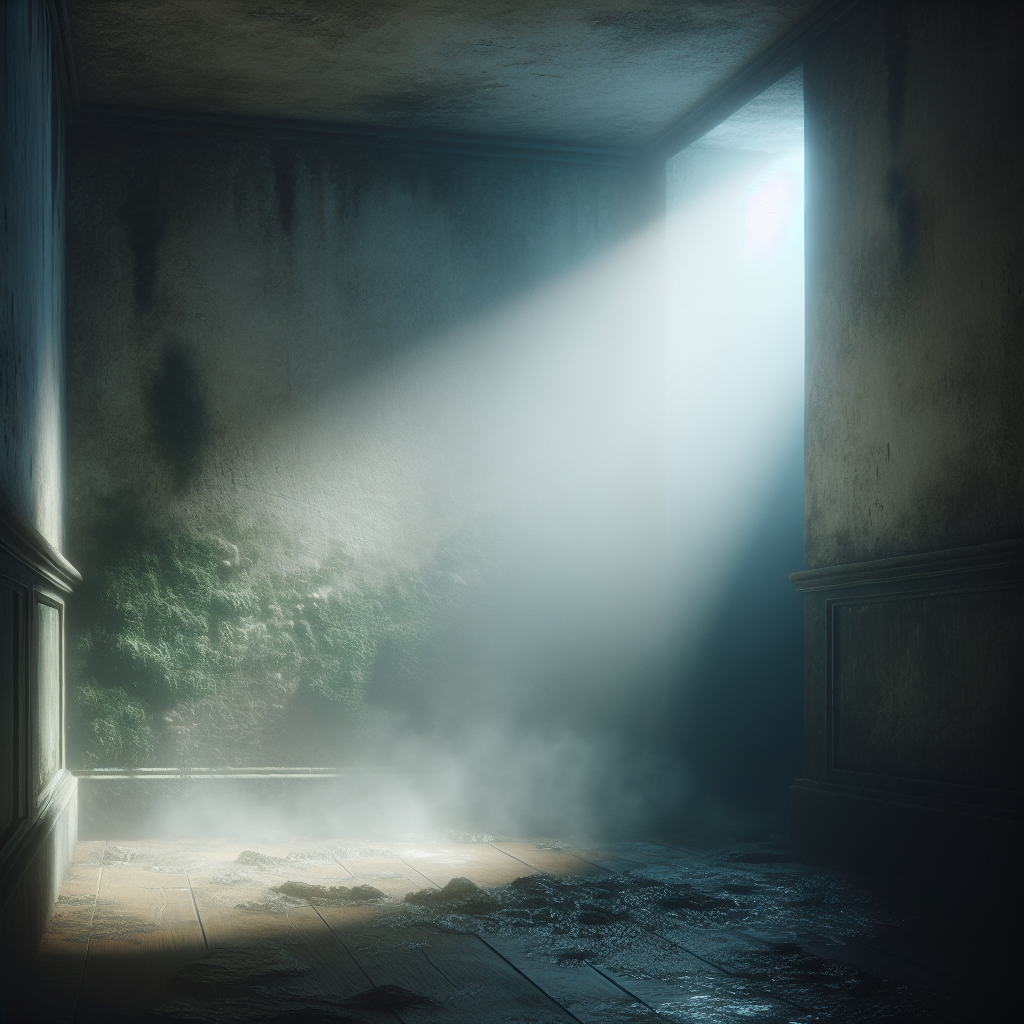 A dimly lit, damp corner of a room, possibly a basement or an old apartment, with a subtle, greenish-grey haze lingering in the air, suggesting a pervasive 'musty' or 'moldy' odor. There are visual hints of moisture or dampness on surfaces like a wall or a floor, but no overt, disgusting mold growth. A single, soft ray of light cuts through the gloom, highlighting the humid atmosphere and sense of neglect. The scene evokes the hidden presence of a smell rather than its visible source. Realistic, atmospheric, with a focus on texture and light.