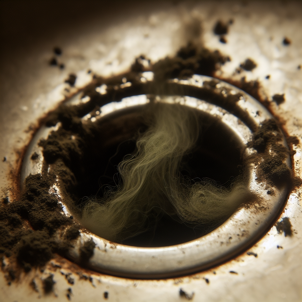 A close-up of a kitchen sink drain, with subtle dark, organic residues around the opening, and a faint, almost visible green-brown wisp of unpleasant odor gently rising from it, conveying a moldy, musty smell. The scene is slightly dim, emphasizing the problem.