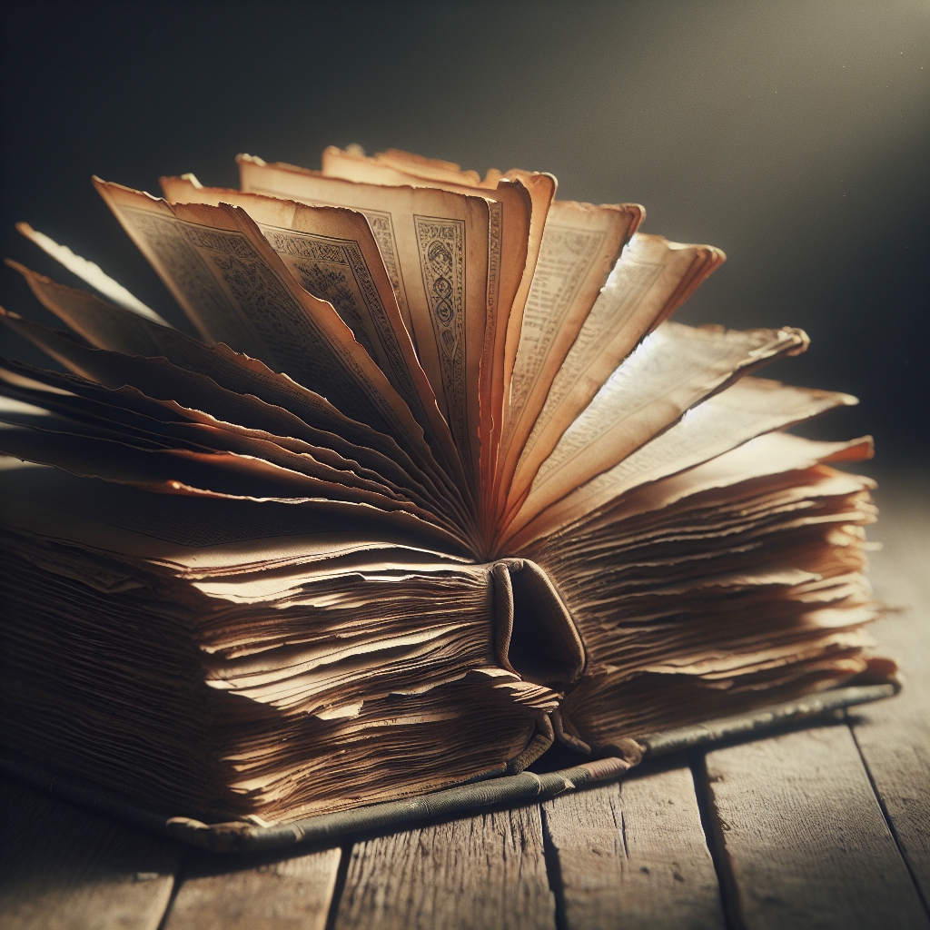 A vintage, slightly fanned open book with aged, discolored pages rests on a wooden table. Soft, natural light illuminates the scene, creating a gentle, somewhat melancholic atmosphere. Focus on the textures of the old paper and worn cover, evoking the feeling of a cherished item that has seen better days and needs gentle care. High detail, photorealistic.