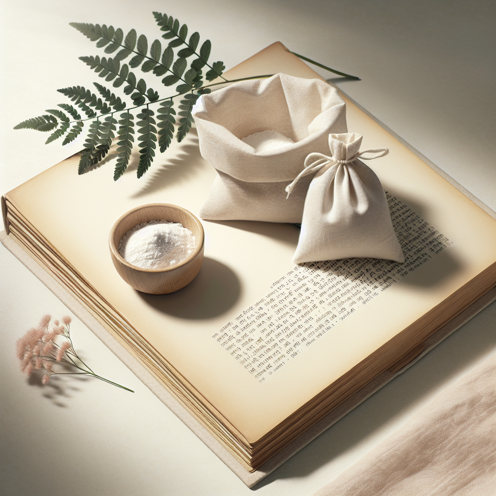 A close-up shot of an open book, its pages gently spread. Next to it, a small, elegant linen sachet filled with white powder (representing baking soda or Natron) sits on a clean, light-colored surface. The background is softly blurred, emphasizing the careful, gentle cleaning process. Clean, bright aesthetic, photorealistic.