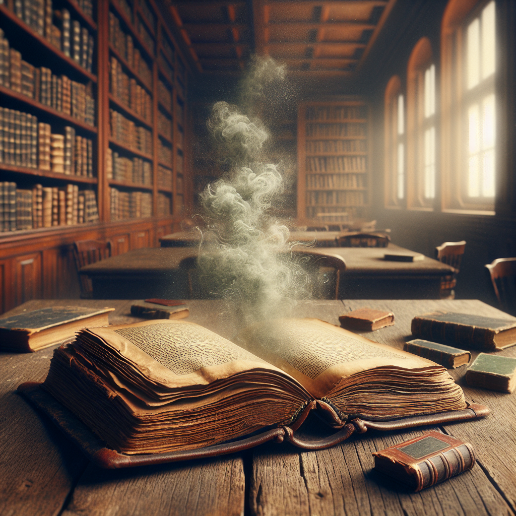 A vintage, leather-bound book with slightly yellowed, aged pages is open on a rustic wooden table. From its center, a subtle, wispy, grey-green mist symbolically rises, representing a musty, moldy smell. The background is a softly blurred, cozy library setting with warm, ambient light. Atmospheric, high detail, photorealistic.