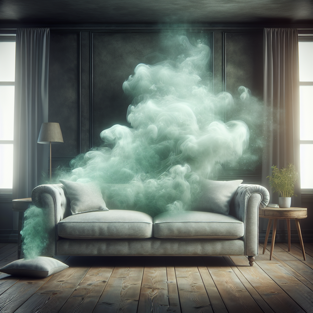 A comfortable, slightly worn fabric couch in a living room, with subtle, ethereal wisps of a greenish-grey vapor rising from its cushions, visually representing a musty, moldy smell. The overall atmosphere should suggest discomfort due to the odor.