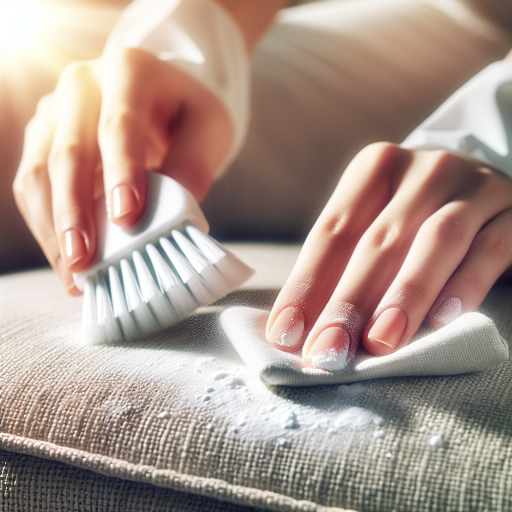 Close-up of hands gently sprinkling white powder (representing baking soda) over the fabric surface of a light-colored couch cushion. The scene is bright and clean, emphasizing a practical cleaning solution and the promise of freshness.